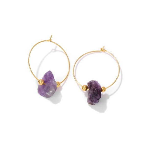 Natural Stone Amethyst Gold Hoop Earrings - Picture 2 of 3